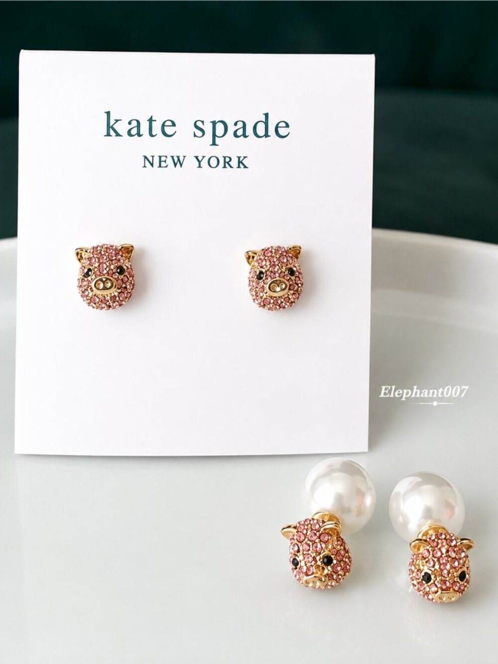 Kate Spade Pink Crystal Pig Stud Earrings Gold Tone Cute Animal Jewelry
